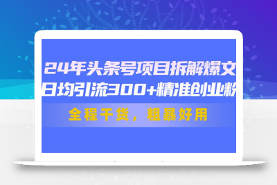 24年头条号项目拆解爆文，日均引流300+精准创业粉，全程干货，粗暴好用