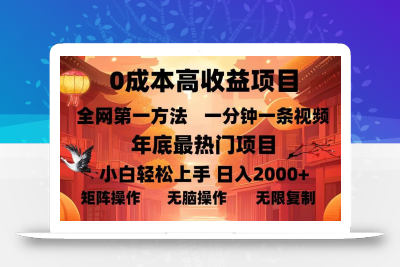 0成本高收益蓝海项目，一分钟一条视频，年底最热项目，小白轻松日入…