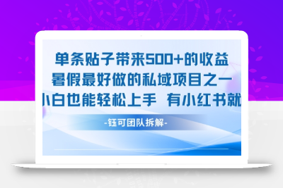 单条贴子带来5张的收益，暑假最好做的私域项目之一，小白也能轻松上手，有小红书就行