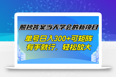 照抄答案当天学会的新项目，单号日入300 +可矩阵，有手就行，轻松放大