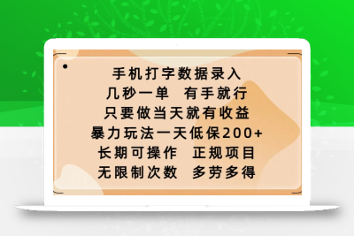 手机打字数据录入，几秒一单，有手就行，只要做当天就有收益，暴力玩法一天低保2张