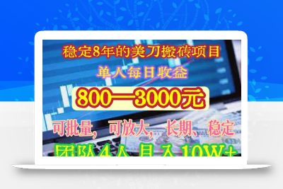 稳定8年的美刀搬砖项目，单人每日收益800—3000.团队4人月入10W+.可线下