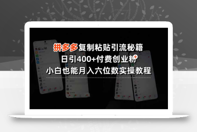 拼多多复制粘贴引流秘籍，日引400+付费创业粉，小白也能月入六位数实操…